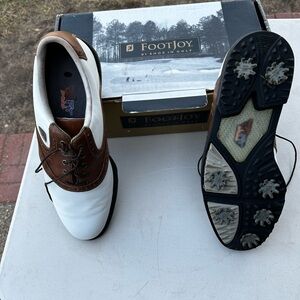 FootJoy Men's White and Brown Leather Golf Shoes with Spiked Outsole